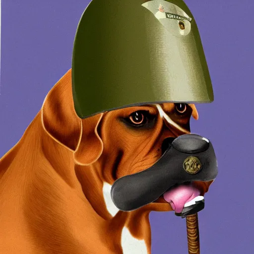 Image similar to illustration of boxer dog with military helmet and cigar in mouth, ww 2