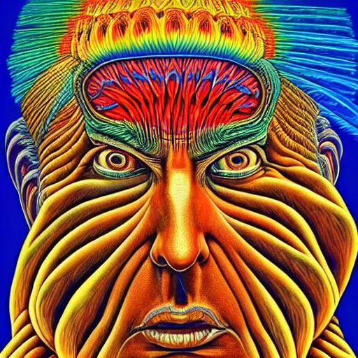 Prompt: alex grey illustration of Donald trump sitting Indian style with psychedelic visions expanding outward from his mind