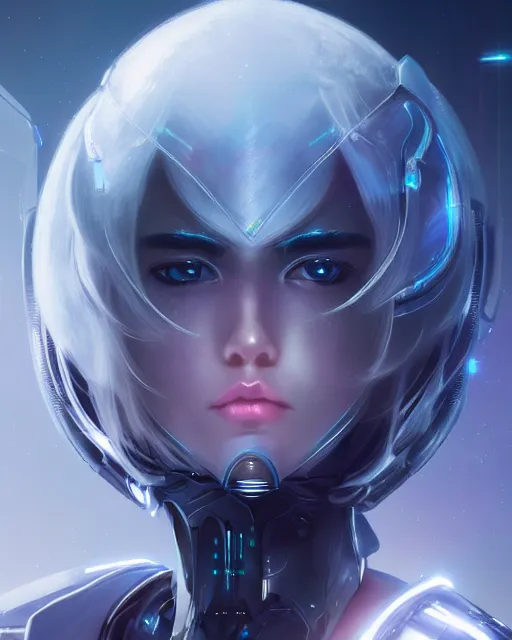 Image similar to perfect android girl on a mothership, warframe armor, beautiful face, scifi, futuristic, galaxy, nebula, raytracing, dreamy, long white hair, blue cyborg eyes, sharp focus, cinematic lighting, highly detailed, artstation, divine, by gauthier leblanc, kazuya takahashi, huifeng huang