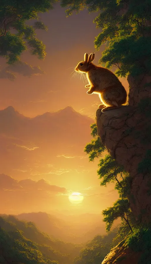 Image similar to hyper realistic rabbit looking off of a cliff, sun setting behind rabbit silhouette, lush forest in valley below, painted by craig mullins, j. c. leyendecker 8 k