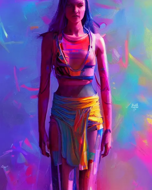 Image similar to colorful full body portrait of a hippie, set in the future 2 1 5 0 | highly detailed | very intricate | symmetrical | professional model | cinematic lighting | award - winning | painted by mandy jurgens and ross tran | pan futurism, dystopian, bold colors, cyberpunk, groovy vibe, anime aesthestic | featured on artstation