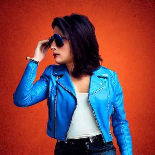 Image similar to A woman with Light blue aviators Brown hair Shaved one side haircut Mexican descent setting wearing a Leather jacket, digital art, Synthwave, retro, high quality, 4k, detailed.