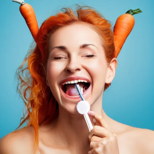 Prompt: woman with carrots instead of teeth, toothbrush advertisement