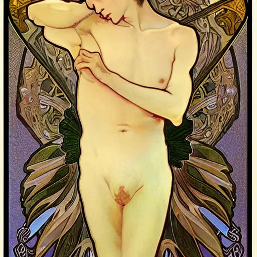 Prompt: ultra realistic illustration of 1 3 year old winged boy angel, full body, male body, elegant study, art nouveau poster by alphonse mucha