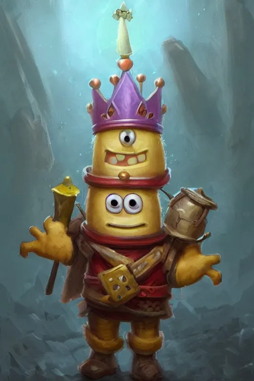 Prompt: cute little sponge bob knight wearing a cape and a crown, tiny, small, miniature bob sponge , baby animal, short, pale blue armor, cute and adorable, pretty, beautiful, DnD character art portrait, matte fantasy painting, DeviantArt Artstation, by Jason Felix by Jason Felix by Steve Argyle by Tyler Jacobson by Peter Mohrbacher, cinematic lighting