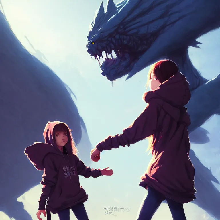 Image similar to cute young girl, wearing oversized hoodie, backpack, holding hands with a towering demonic beast, apocalyptic setting, bokeh, sharp focus, character art, illustration, digital painting, trending on artstation, by masamune shirow, by greg rutkowski.