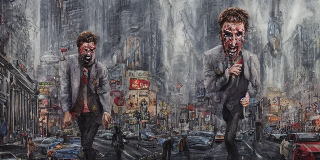 Prompt: a fine detailed painting of a psycho man in the city of pollution with lot of people, ultrarealistic filmic, 16K 3D, cry engine, cosmic distopic art