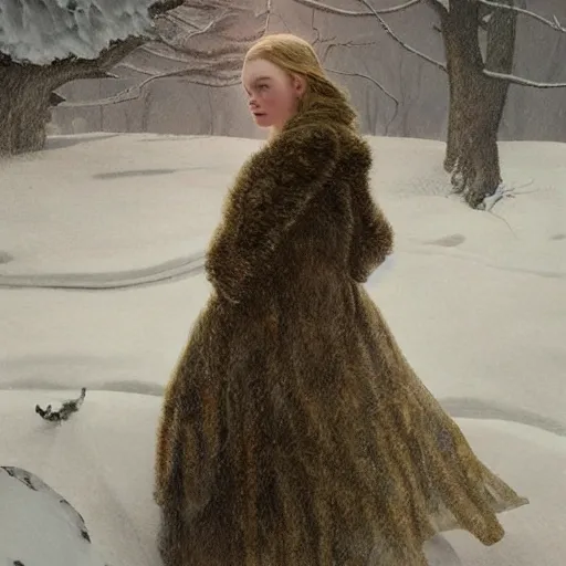 Prompt: Elle Fanning in a winter wonderland, head and shoulders masterpiece, apocalypse, golden hour, cosmic horror, artstation, in the style of Andrew Wyeth and Edward Hopper and Edwin Blashfield, extremely detailed