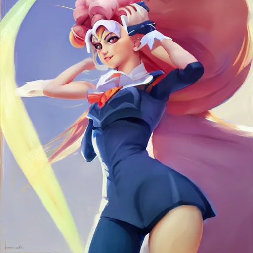 Image similar to greg manchess portrait painting of usagi sailor moon as overwatch character, medium shot, asymmetrical, profile picture, organic painting, sunny day, matte painting, bold shapes, hard edges, street art, trending on artstation, by huang guangjian and gil elvgren and sachin teng
