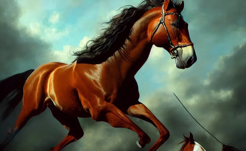 Image similar to a resplendant impressive portrait of a noble horse rearing up. fantasy art, alex ross, heroic lighting, very very very beautiful raytraced rendering