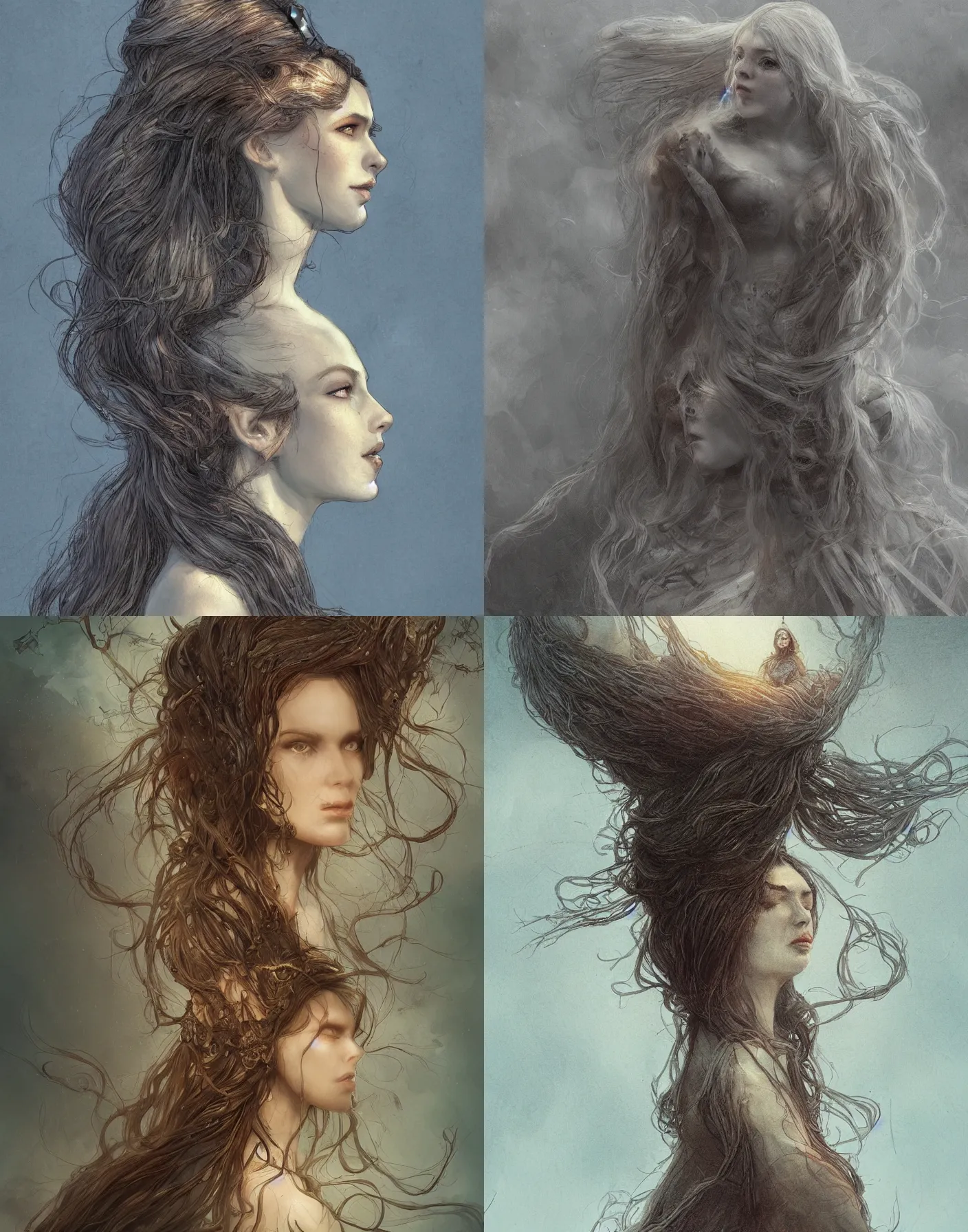 Prompt: aerial and close-up view of a queen with long hairs in alan lee and marc simonetti and emil melmoth style , cinematic lighting
