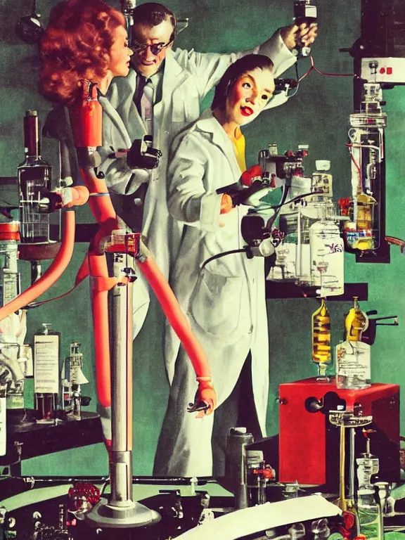 Prompt: a female mad scientist in a lab coat, and a partially - built retro robotic!!! man!!! in a suit, both in a darkly lit laboratory room surrounded by test tubes and jars, 1 9 5 0 s horror film movie poster style, ( norman rockwell oil painting ), retro vintage, saturated pink and green lighting, shadowy lighting