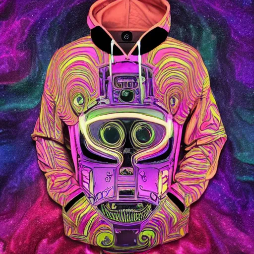 Image similar to mockup of a black hoodie with a hyperdetailed portrait of a steampunk robot on lsd, 8 k, symetrical, flourescent colors, trippy mood, multicolored,