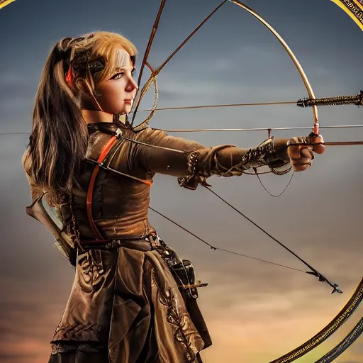 Image similar to photo of a steampunk female archer, highly detailed, 4k