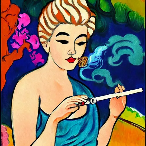 Prompt: a beautiful blond Princess smoking a cigarette in a zen garden, fauvism, trending on artstation,
