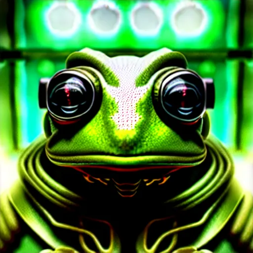 Image similar to cyberpunk frog android, fish eye lens, intricate, elegant, highly detailed, centered, digital painting, artstation, concept art, smooth, sharp focus, illustration, artgerm, donato giancola, Joseph Christian Leyendecker, WLOP, Boris Vallejo, Artgerm