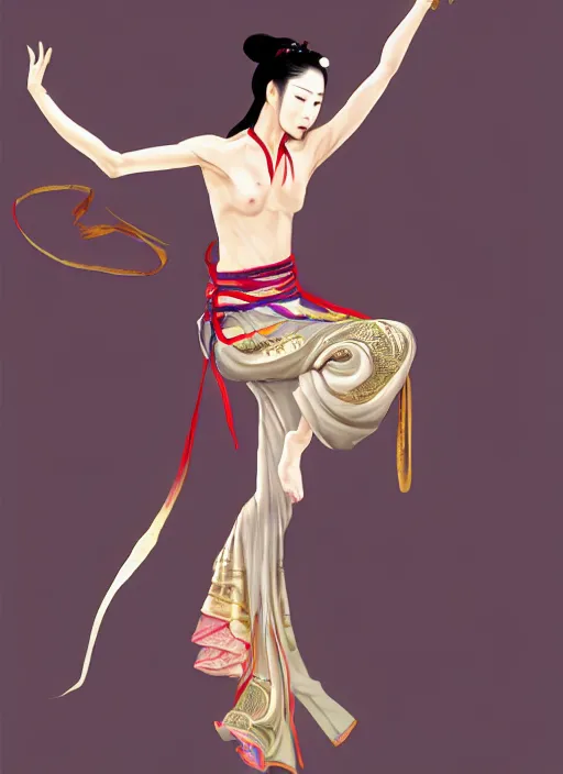 Image similar to a barefoot female dancer using a silk belt as weapon, wuxia, xianxia, barefoot, tanned skin, athletic, vivacious, absurdly beautiful, hanfu, fully clothed, chinese ribbon dance, silk belt, scorpion whip, detailed, anatomically accurate, fantasy illustration, in the style of wlop on artstation, wang liang.