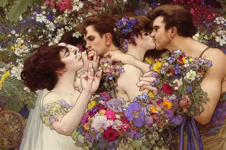 Image similar to the groom kisses the bride at a wedding full of flowers, bright and happy, dreamlike art, highly detail, 4 k realistic, wedding photoy krenz cushart. artem demura. alphonse mucha. yoji shinkawa artgerm. jon lothian. danilo torres. adi meyers. thomas reimann. gaston bussiere.