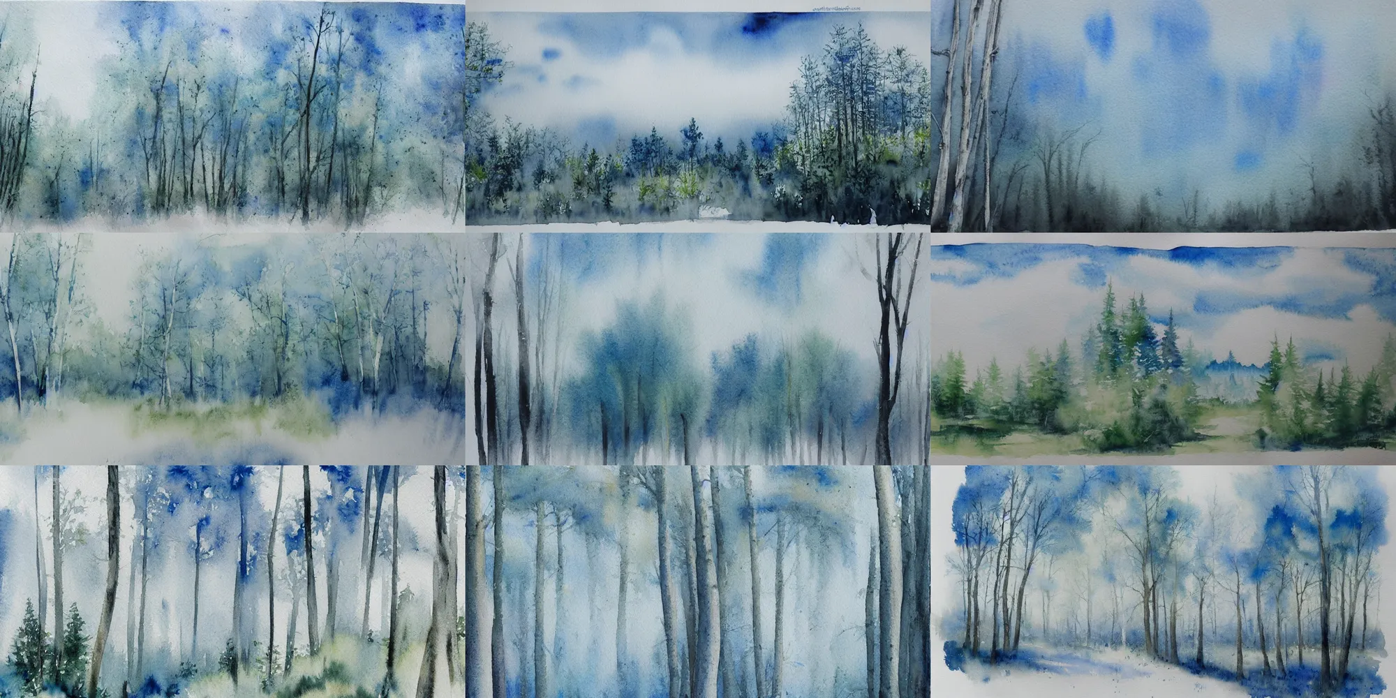 Prompt: modern highly detailed watercolor painting white sky and blueish landscape forest trending on artstation