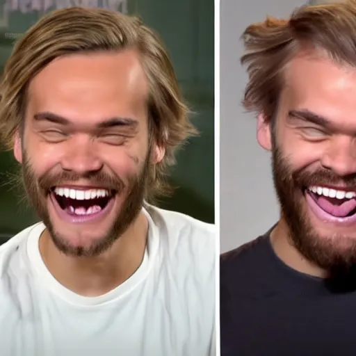 Image similar to PewDiePie laughing without any teeth, wild hair