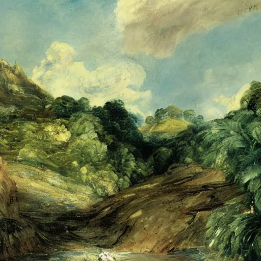 Image similar to painting of a lush natural scene on an alien planet by john constable. beautiful landscape. weird vegetation. cliffs and water.