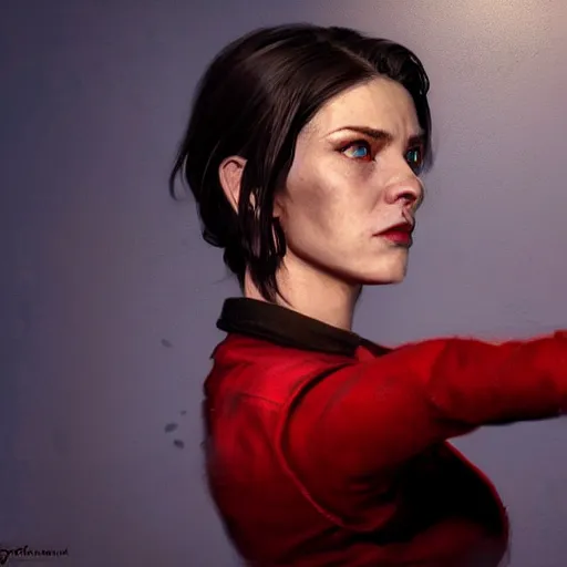 Image similar to portrait of a brunette slim woman with blue eyes in fallout 4, light stubble with red shirt inside victorian mansion ,digital art,photorealistoc,art by greg rutkowski,hyperdetailed,western comic style,comic,comic style,sharp lineart,professional lighting,deviantart,artstation,trevor henderson,rossdtaws,cinematic,dramatic