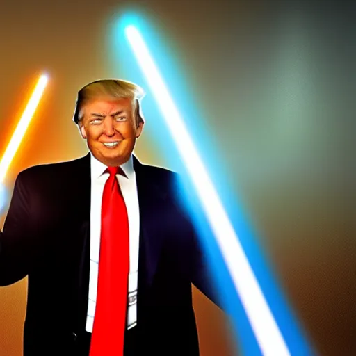 Image similar to donald trump with a lightsaber, dynamic lighting, highly detailed