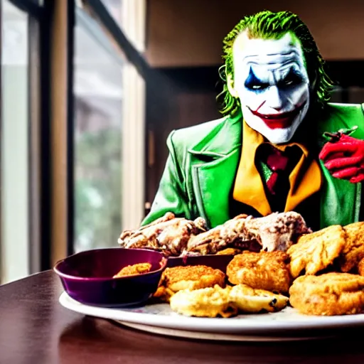 Image similar to cinematic shot of the joker sitting at a table in front of a plate of chicken and biscuits and gravy, 8 k, very detailed, very intricate,