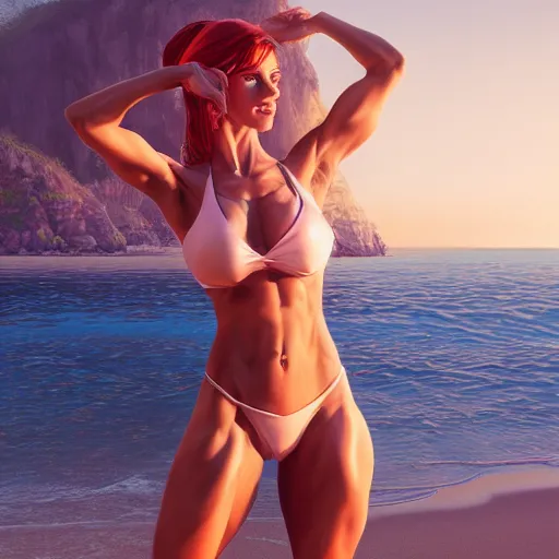 Image similar to bodybuilder amouranth at the beach, au naturel, hyper detailed, digital art, trending in artstation, cinematic lighting, studio quality, smooth render, unreal engine 5 rendered, octane rendered, art style by klimt and nixeu and ian sprigger and wlop and krenz cushart