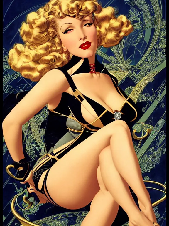 Image similar to black canary, a beautiful art nouveau portrait by Gil elvgren and Hajime Sorayama, dc animation, centered composition, defined features, golden ratio, diamond jewlery, photorealistic professional lighting, cinematic, sheer