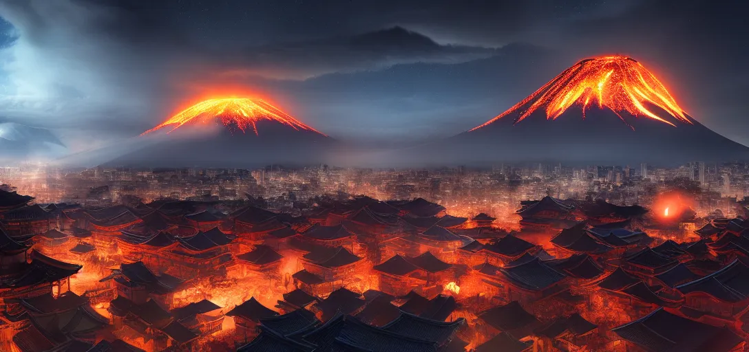 Image similar to view of an ancient japanese city at night, erupting volcanoes in the background, dramatic clouds, glowing fog, dramatic lighting, ultra detailed, sharp, ambient occlusion, raytracing, by greg rutowski, paul chadeisson and jessica rossier