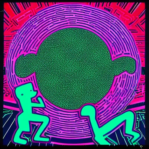 Image similar to otherworldly hovering synthwave land disk dingo pulsar phantasm can , by Jane Graverol and Keith Haring and Ross Tran , Global Illumination , #micro , tiki