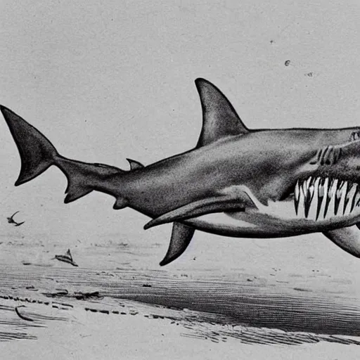 Image similar to a 1 9 2 8 scientific illustration of a shark with human legs walking on the beach