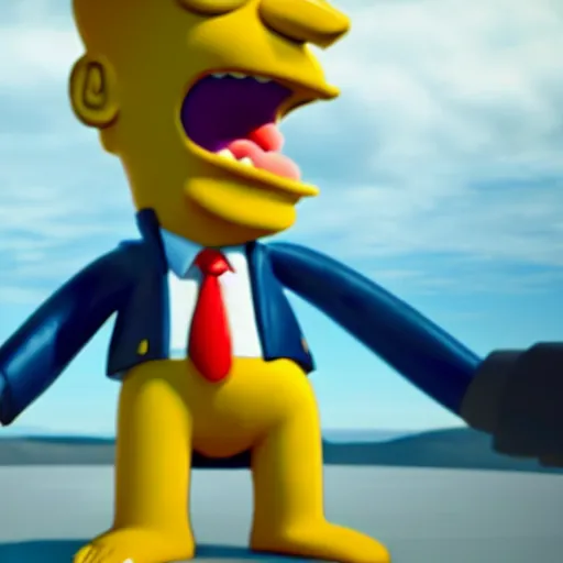 Image similar to Donald Trump with Homer Simpson body, realistic artstyle, wide shot, dramatic lighting, octane render, hyperrealistic, high quality, highly detailed, HD, beautiful, cinematic, 8k, unreal engine, facial accuracy, symmetrical