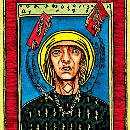 Image similar to Eminem in Thoth tarot deck, style of Lady Frieda Harris, 4K