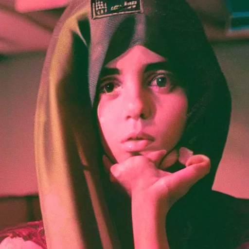 Image similar to 7 0 s movie of an arab young girl in a burqa at a strip club, cinestill 8 0 0 t 3 5 mm technicolor, heavy grain, high quality, high detail