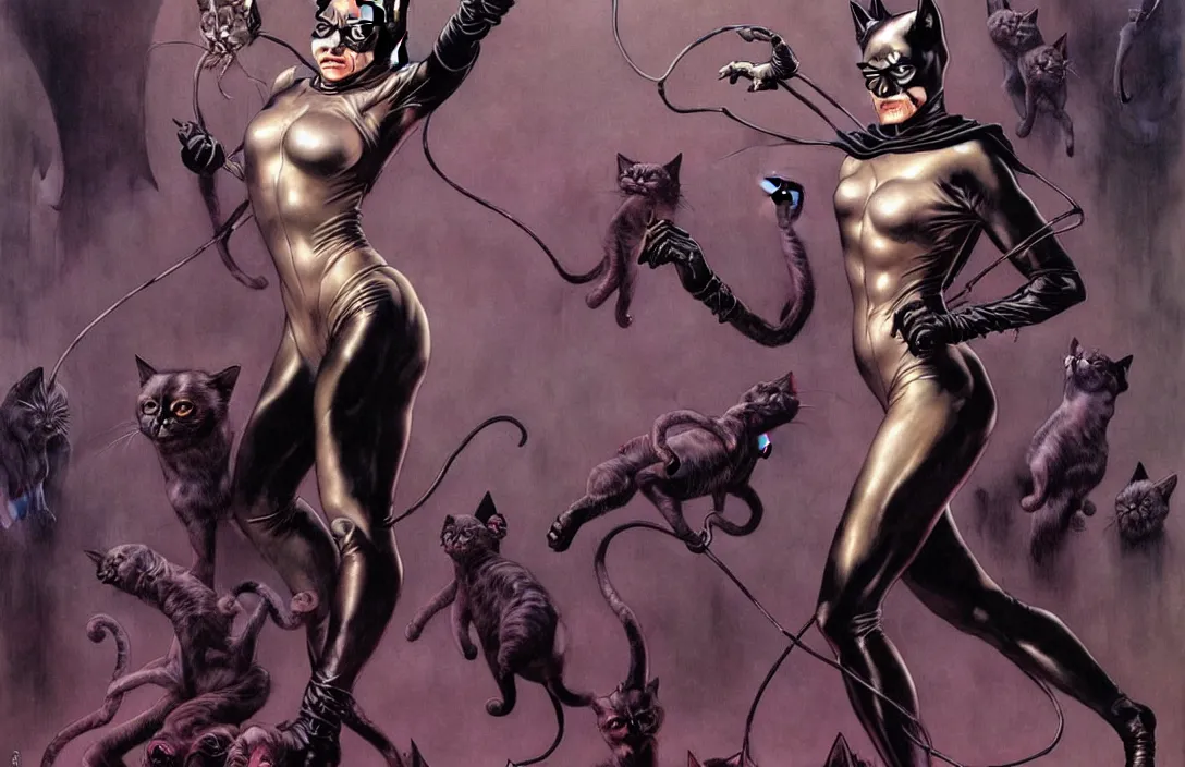 Prompt: cat woman from batman in the style of wayne barlowe, gustav moreau, peter mohrbacher, bussiere, roberto ferri, santiago caruso, luis ricardo falero, austin osman spare, boris vallejo, hajime sorayama, dali