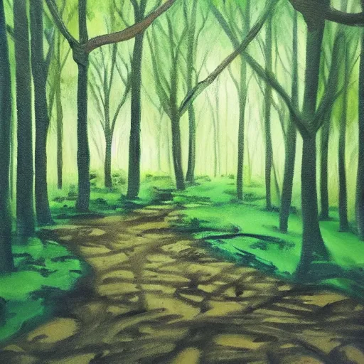 Prompt: never been to this part of the forest before. i have gone here to paint but what i ended up painting is following me back home.