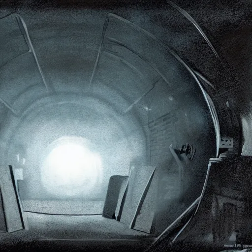 Prompt: Concept art, inside an narrow and dark room of an empty ussr submarine, messy, foggy, littles light shafts coming from bullet holes, 8k, cinematic, high details, neat