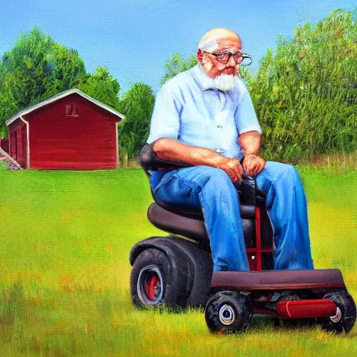 Prompt: an old man sitting on a riding lawn mower in an empty yard, oil painting, sad, perfect face