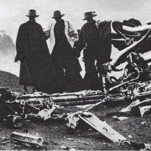 Prompt: old black and white photo, 1 9 1 3, depicting scientists around an alien starwarship wreck in the rocky mountains, historical record