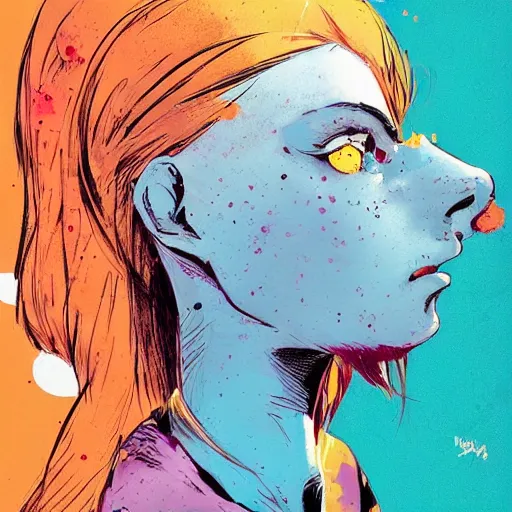 Prompt: Highly detailed portrait of pretty punk zombie young lady with, freckles and beautiful hair by Atey Ghailan, by Loish, by Bryan Lee O'Malley, by Cliff Chiang, inspired by image comics, inspired by graphic novel cover art, inspired by izombie !! Gradient blue and yellow color scheme ((grafitti tag brick wall background)), trending on artstation