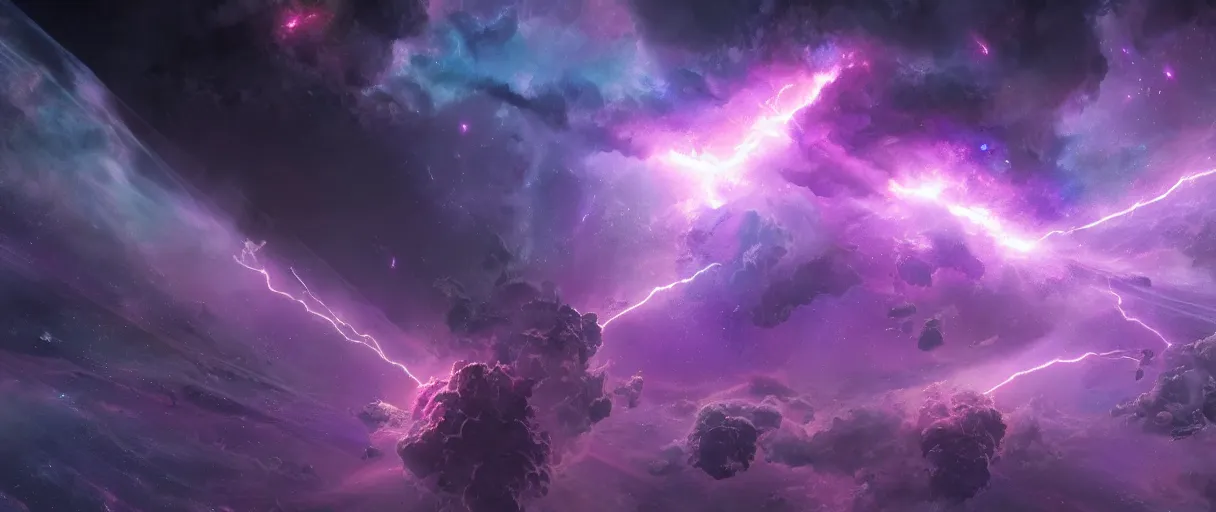 Image similar to purple lightning in space, stars, nebula, matte painting, futuristic, sci fi, style of tim barton digital painting, trending on artstation, high detail, volumetric lighting, godrays
