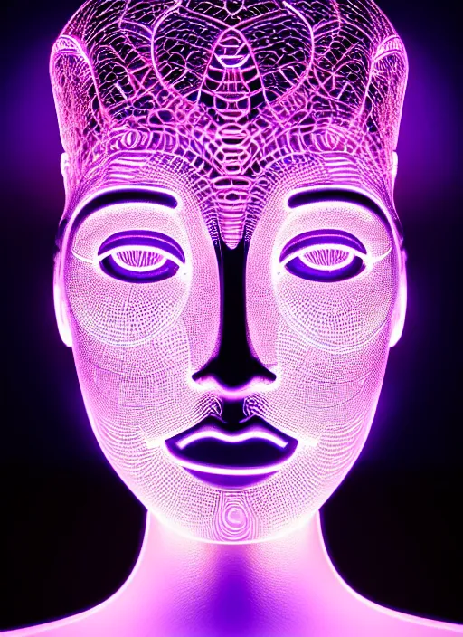 Image similar to ( beautiful female queen chess piece ( top is bioluminescence ) ( bottom is parametric ) ), beautiful face, reflection of led lights, algorithmic, intricate detail, futuristic, very detailed, highly detailed background, sharpfocus, photorealism, soft diffuse autumn lights, some sun light ray, dark room wall, canon 5 d 5 0 mm lens