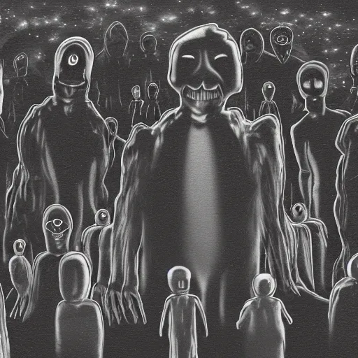 Image similar to a group of faceless shadowy creatures building the universe