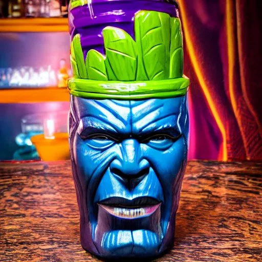 Image similar to a closeup photorealistic photograph of a glossy thanos style tiki mug sitting at a trader vic's bar featuring the face of thanos. tiki party. bright scene. fine detail. this 4 k hd image is trending on artstation, featured on behance, well - rendered, extra crisp, features intricate detail, epic composition and the style of unreal engine.