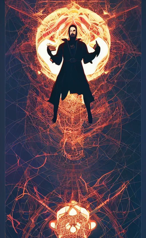 Prompt: nicolas cage as Doctor Strange, cinematic lighting, volumetric lighting, style of mcbess + Laurie Greasley, symmetric lights and smoke, , glowing particles, fractal smoke