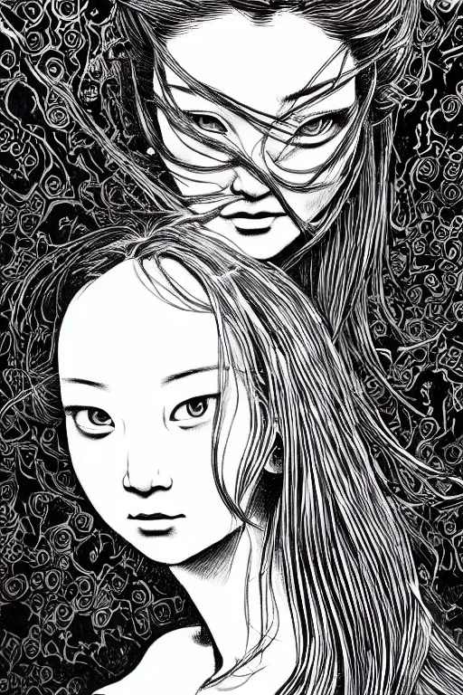 Image similar to beautiful portrait of a woman, negative no not mona lisa pose, highly detailed ink illustration of a dark alley of taipei, b & w clean shaped illustration by kim jung gi, ric estrada, ron english and eiichiro oda