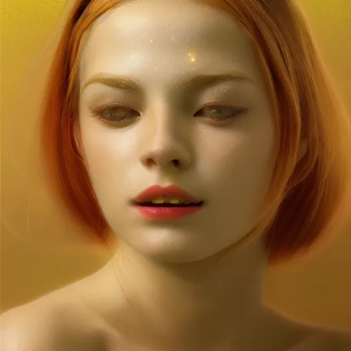 Prompt: !dream a beautiful girl's face made of ivory and gold filigree, film still by edward hopper, by Bosch, by klimt, art noveau, highly detailed, strong lights, liminal, eerie, Bright pastel colors, octane render, 8k,