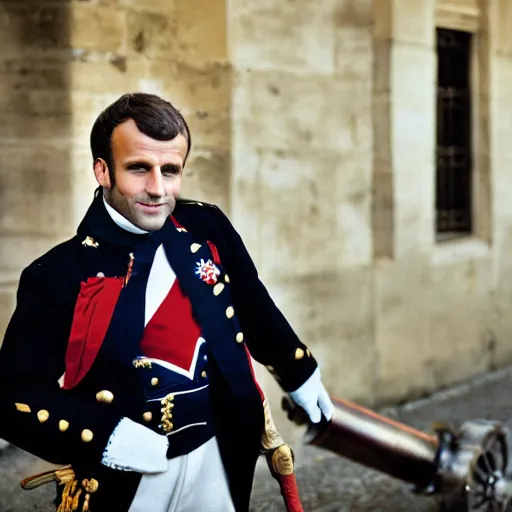 Prompt: portrait of emmanuel macron dressed as napoleon in a paris street dragging a cannon behind him, natural light, sharp, detailed face, magazine, press, photo, steve mccurry, david lazar, canon, nikon, focus